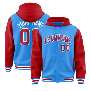 Custom Powder Blue Red Raglan Sleeves Varsity Full-Snap Letterman Two Tone Hoodie Jacket