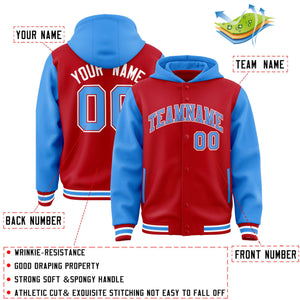 Custom Red Powder Blue Raglan Sleeves Varsity Full-Snap Letterman Two Tone Hoodie Jacket