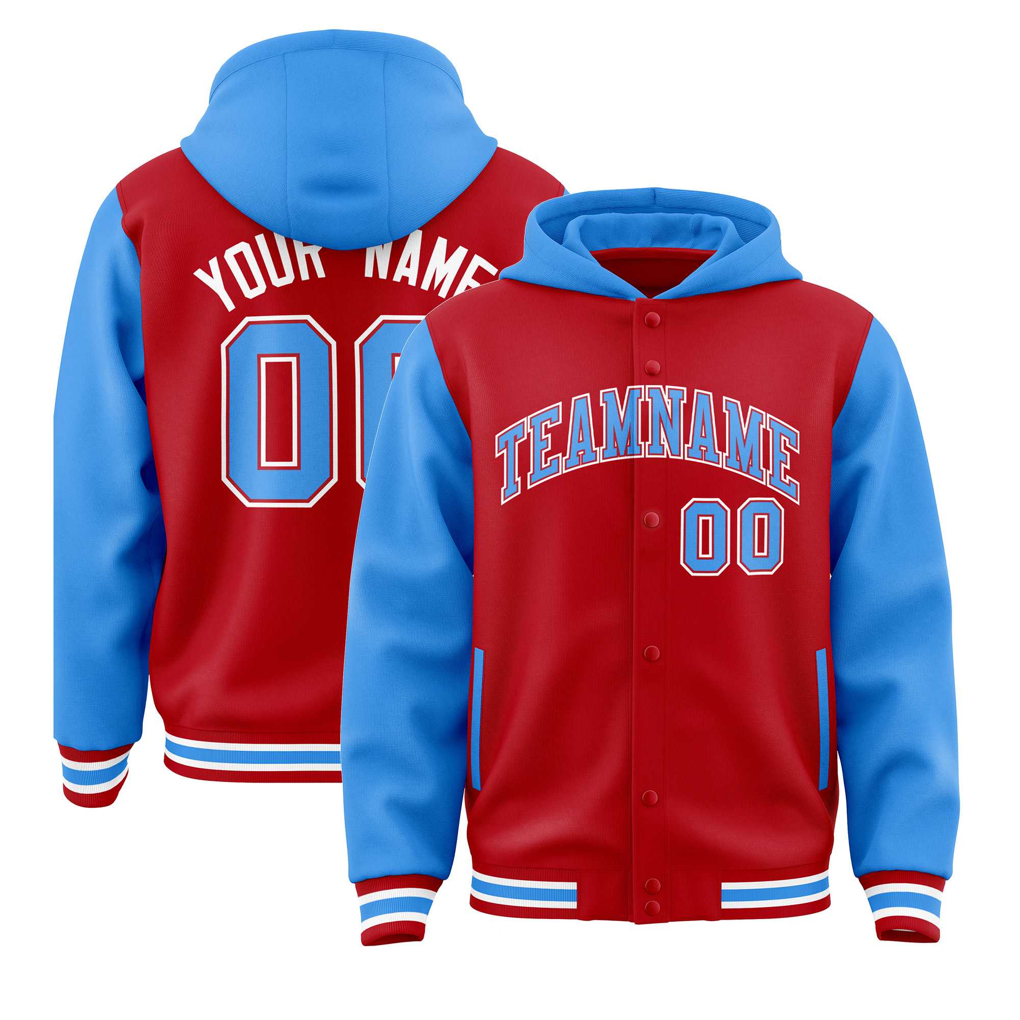 Custom Red Powder Blue Raglan Sleeves Varsity Full-Snap Letterman Two Tone Hoodie Jacket