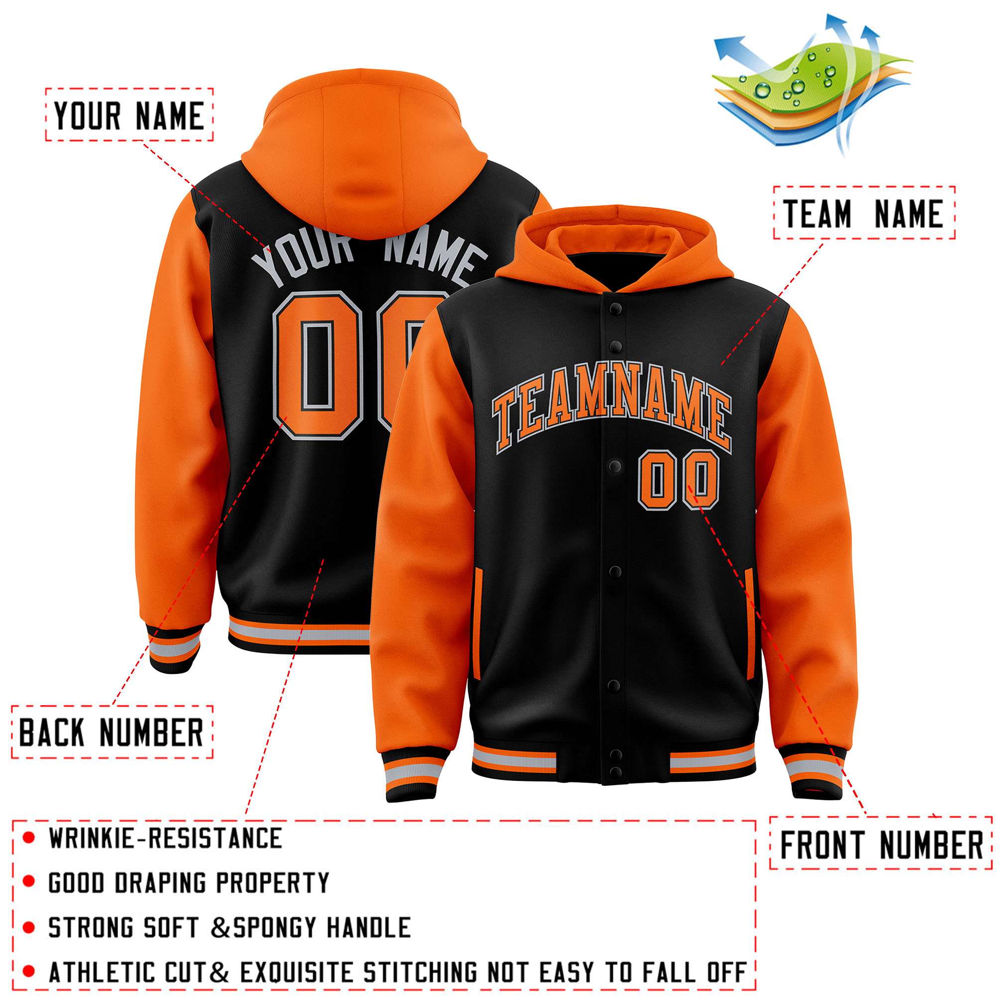 Custom Black Orange Raglan Sleeves Varsity Full-Snap Letterman Two Tone Hoodie Jacket