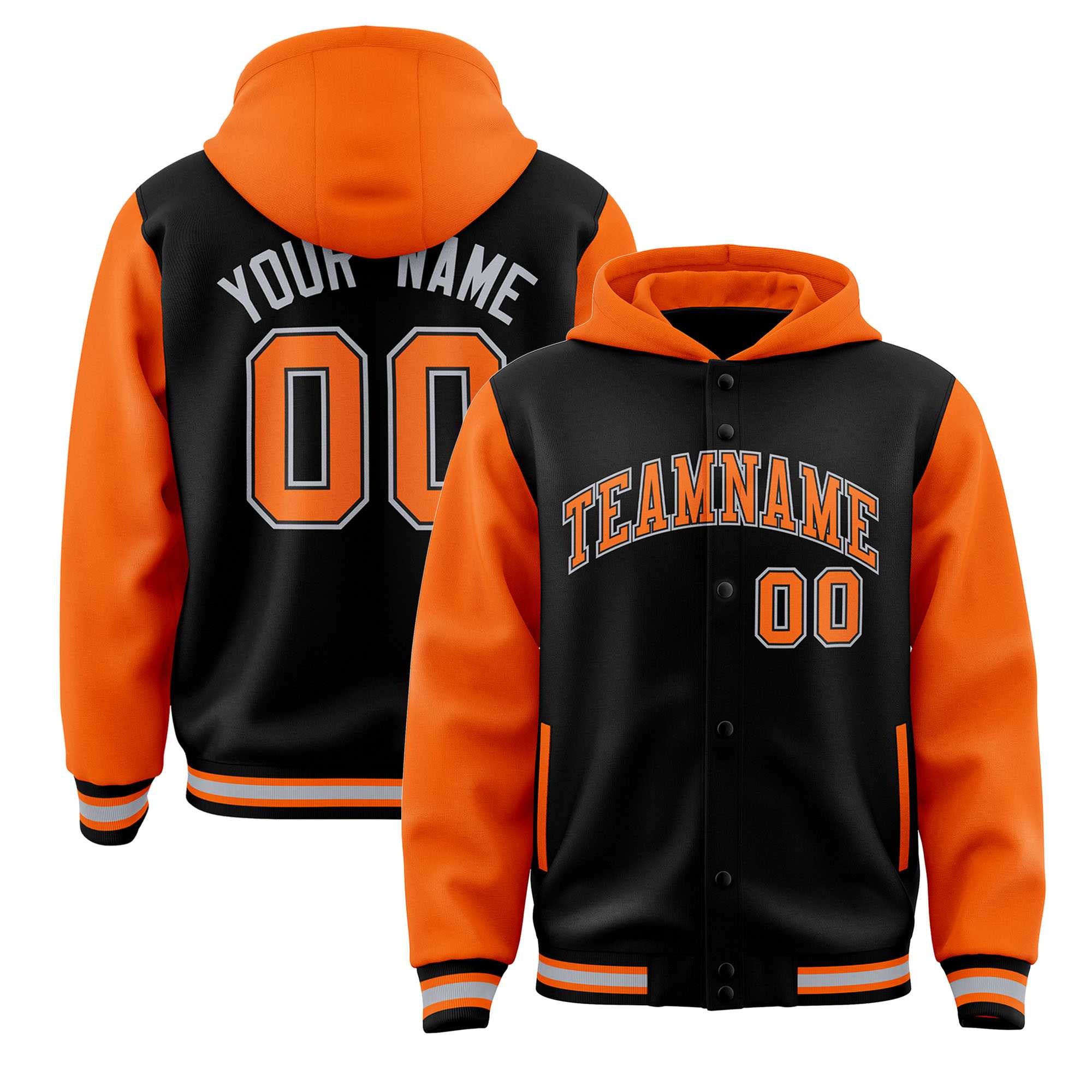 Custom Black Orange Raglan Sleeves Varsity Full-Snap Letterman Two Tone Hoodie Jacket