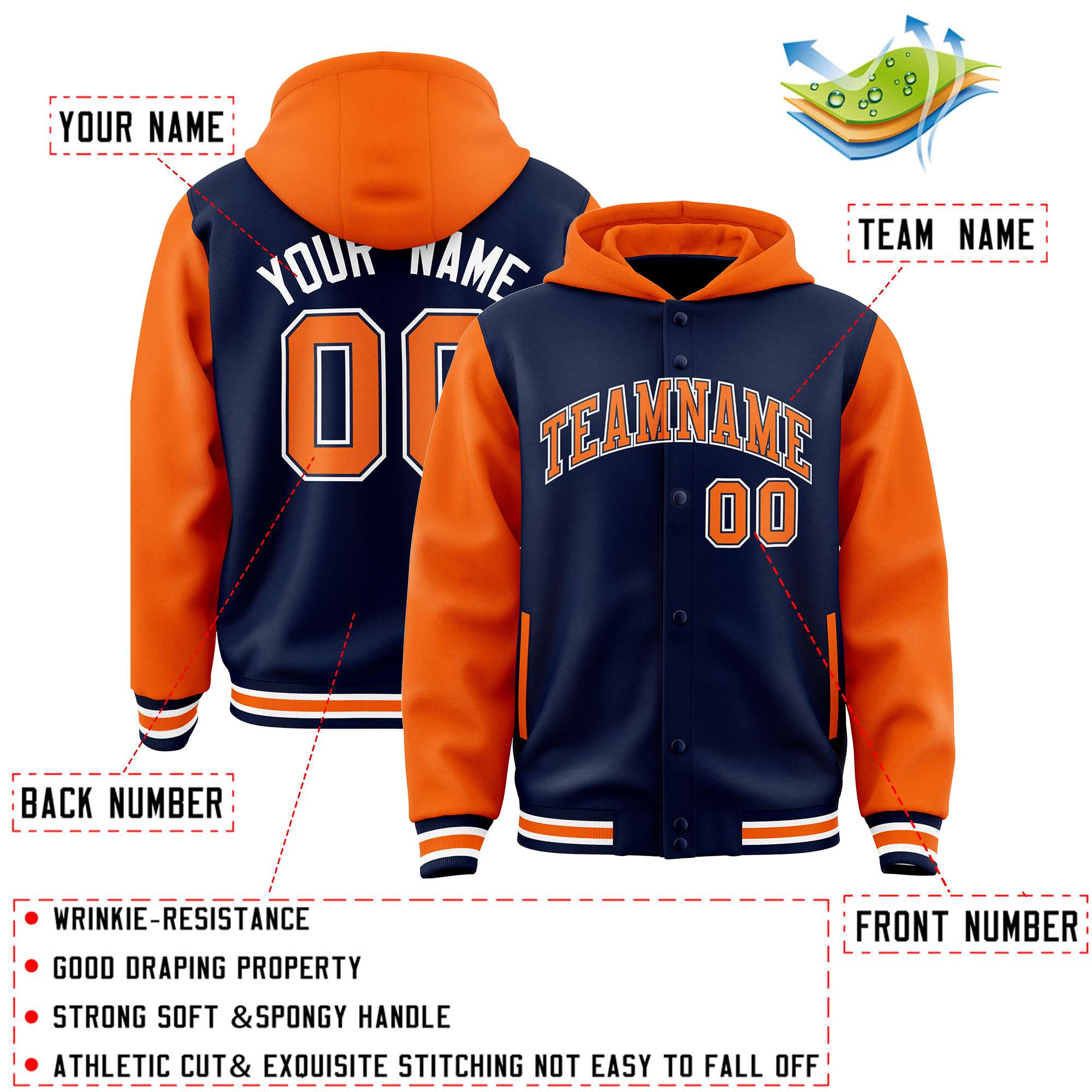 Custom Navy Orange Raglan Sleeves Varsity Full-Snap Letterman Two Tone Hoodie Jacket