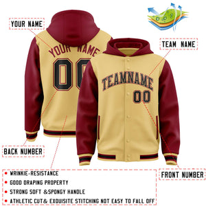 Custom Khaki Crimson Raglan Sleeves Varsity Full-Snap Letterman Two Tone Hoodie Jacket