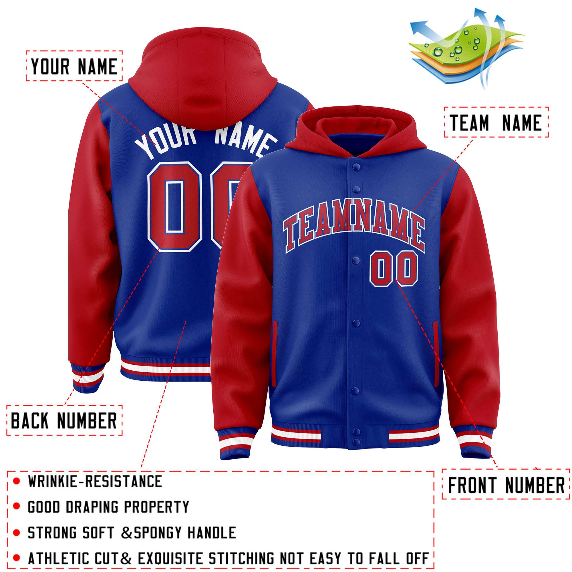 Custom Royal Red Raglan Sleeves Varsity Full-Snap Letterman Two Tone Hoodie Jacket