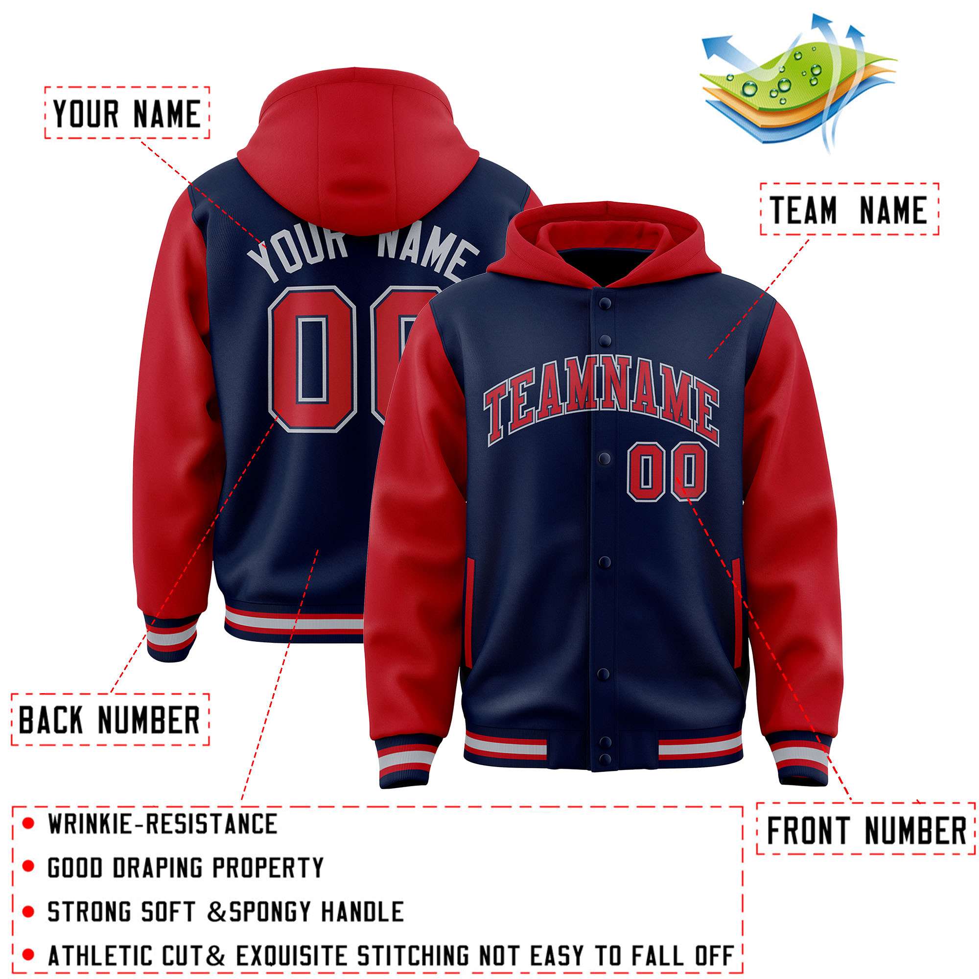 Custom Navy Red Raglan Sleeves Varsity Full-Snap Letterman Two Tone Hoodie Jacket