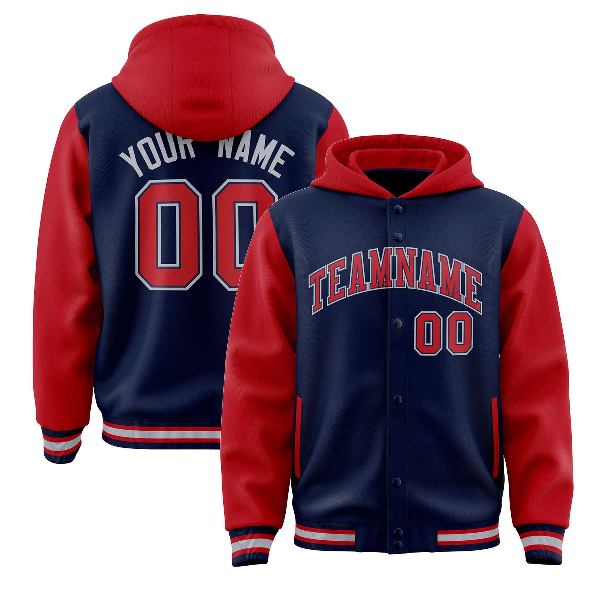 Custom Navy Red Raglan Sleeves Varsity Full-Snap Letterman Two Tone Hoodie Jacket