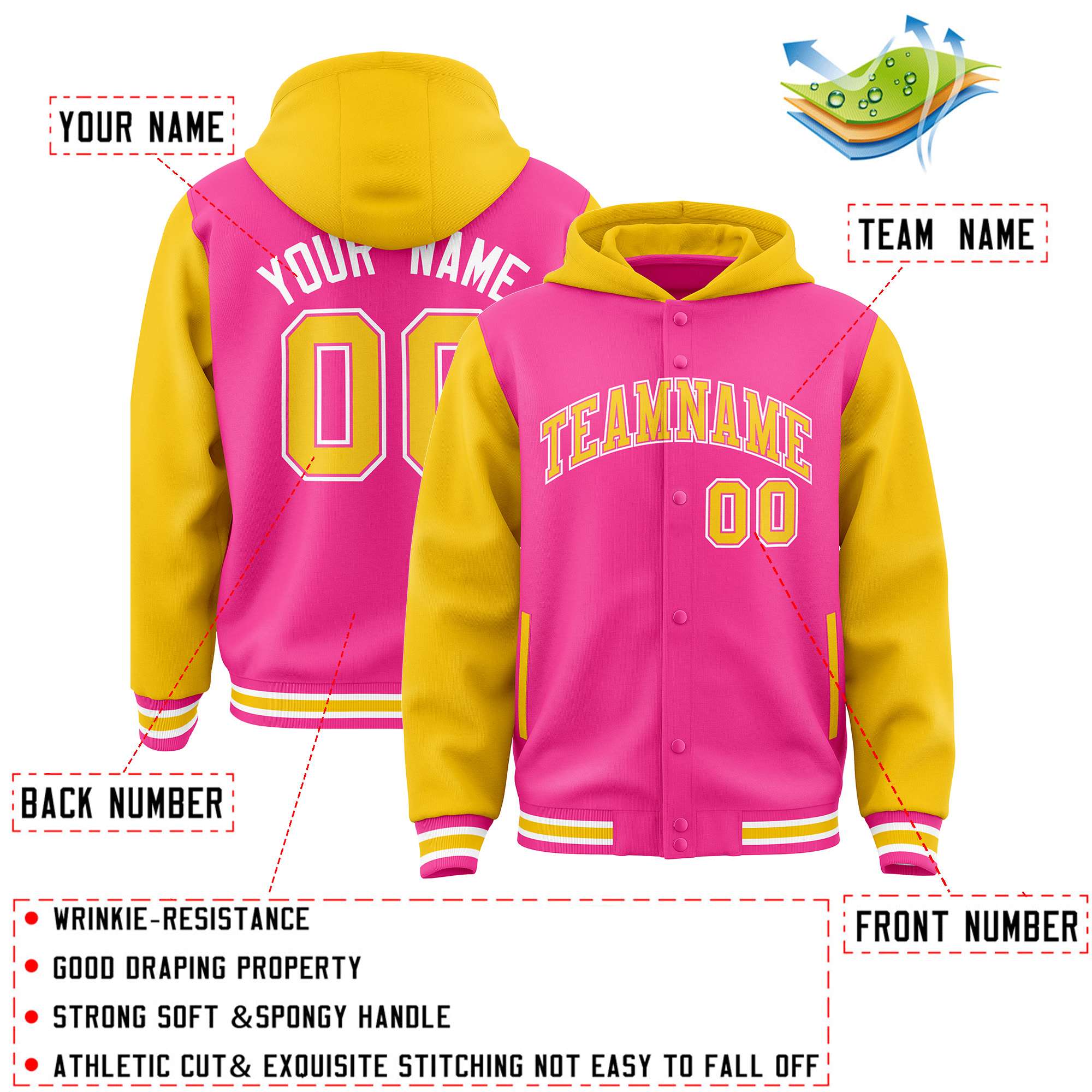 Custom Pink Gold Raglan Sleeves Varsity Full-Snap Letterman Two Tone Hoodie Jacket