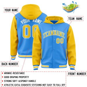 Custom Powder Blue Gold Raglan Sleeves Varsity Full-Snap Letterman Two Tone Hoodie Jacket