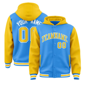 Custom Powder Blue Gold Raglan Sleeves Varsity Full-Snap Letterman Two Tone Hoodie Jacket