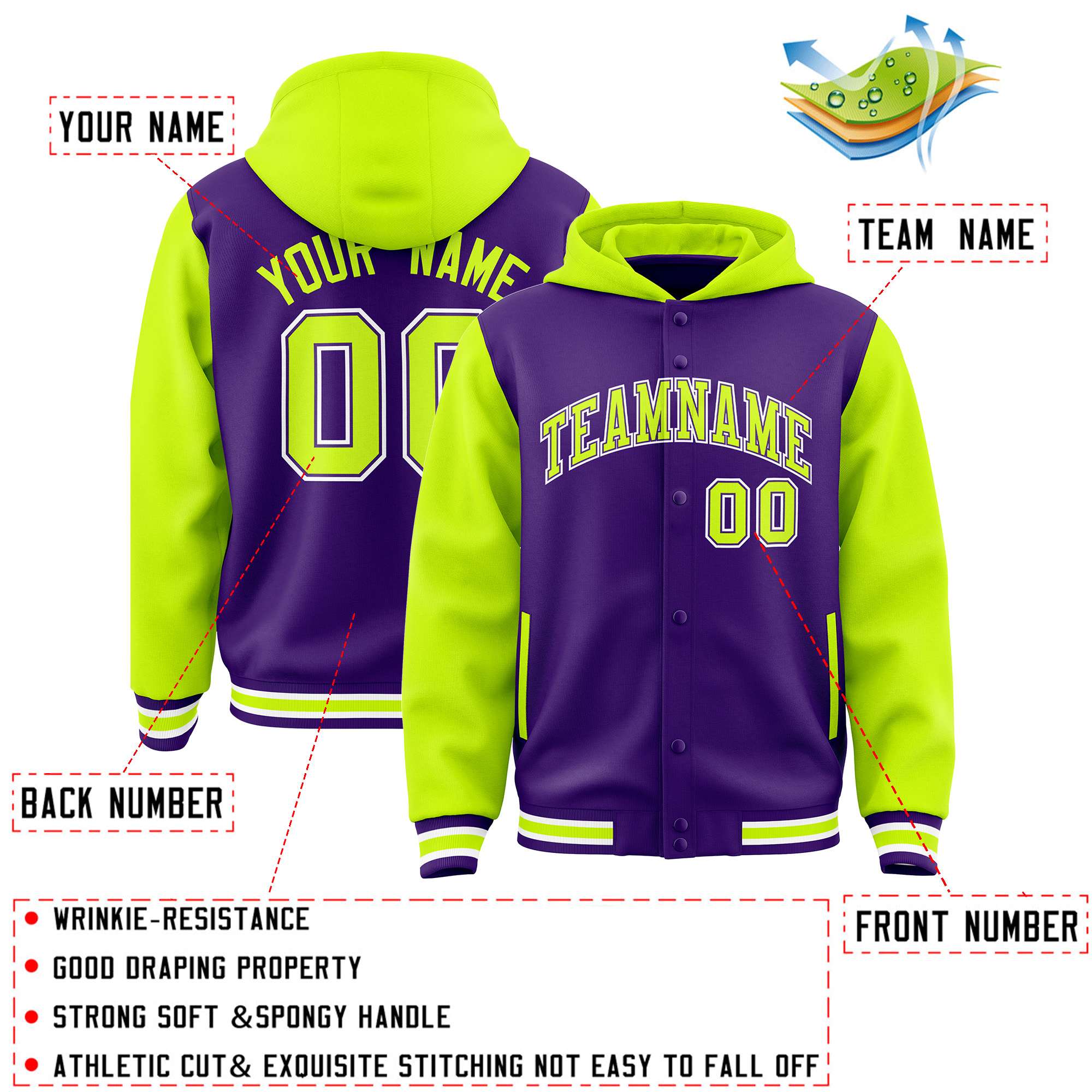 Custom Purple Neon Green Raglan Sleeves Varsity Full-Snap Letterman Two Tone Hoodie Jacket