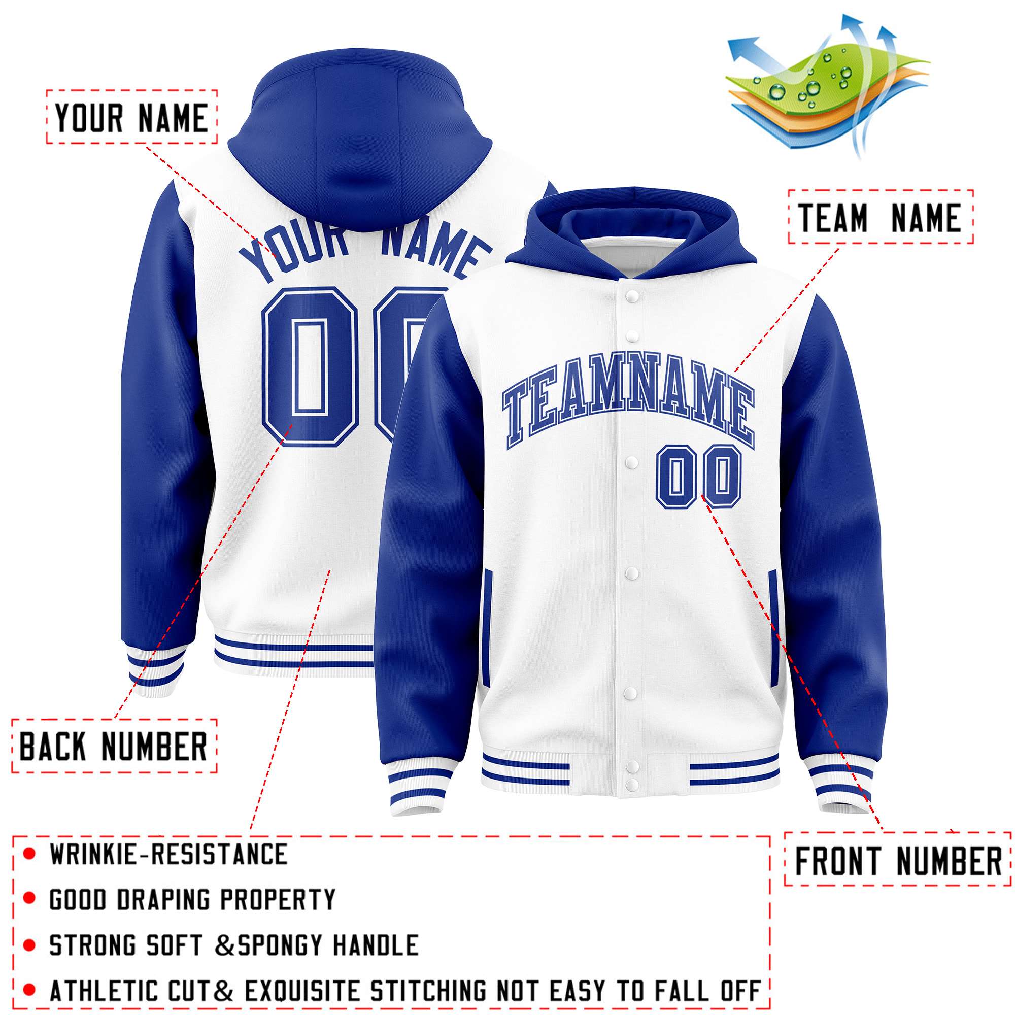 Custom White Royal Raglan Sleeves Varsity Full-Snap Letterman Two Tone Hoodie Jacket