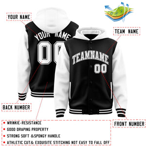 Custom Black White Raglan Sleeves Varsity Full-Snap Letterman Two Tone Hoodie Jacket