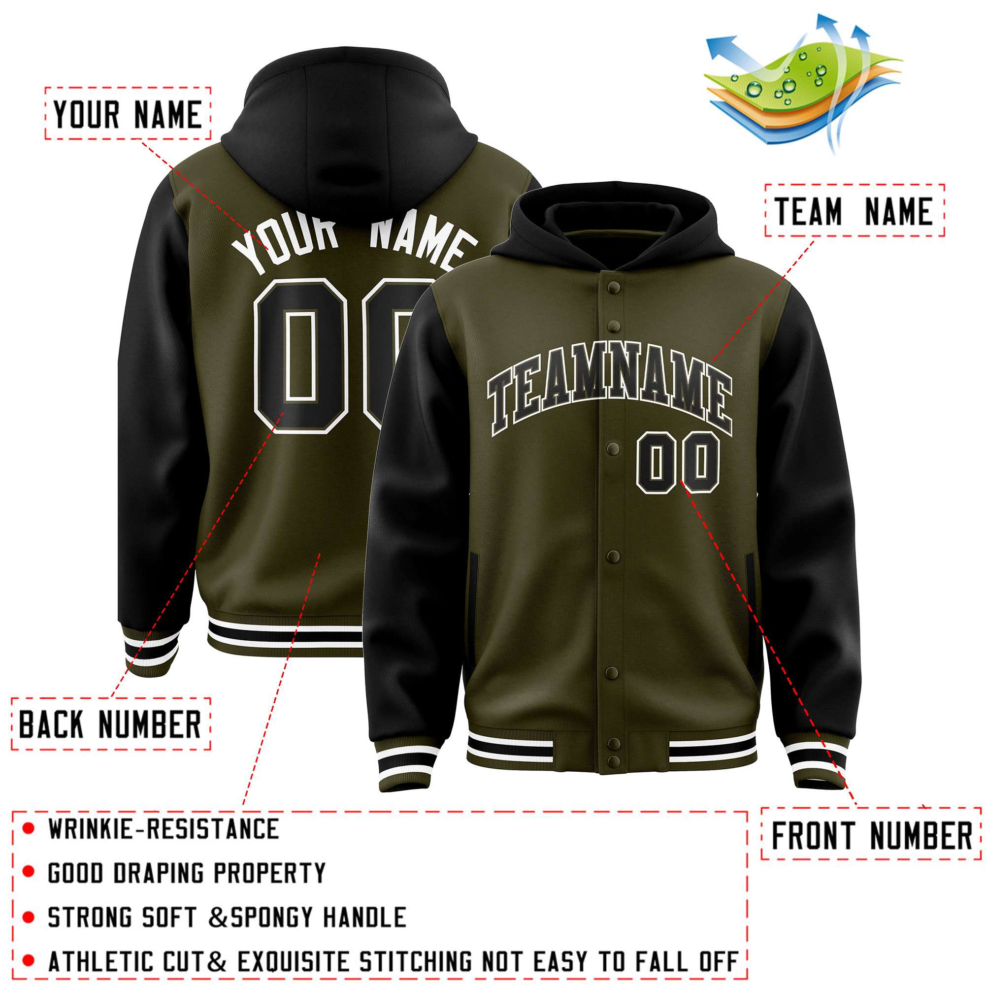 Custom Olive Black Raglan Sleeves Varsity Full-Snap Letterman Two Tone Hoodie Jacket