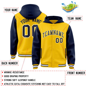 Custom Gold Navy Raglan Sleeves Varsity Full-Snap Letterman Two Tone Hoodie Jacket