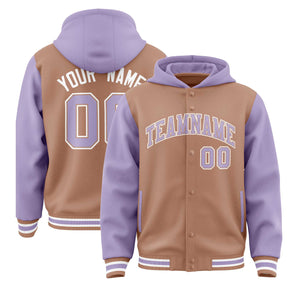 Custom Teabrown Light Purple Raglan Sleeves Varsity Full-Snap Letterman Two Tone Hoodie Jacket