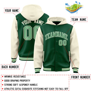 Custom Green Cream Raglan Sleeves Varsity Full-Snap Letterman Two Tone Hoodie Jacket