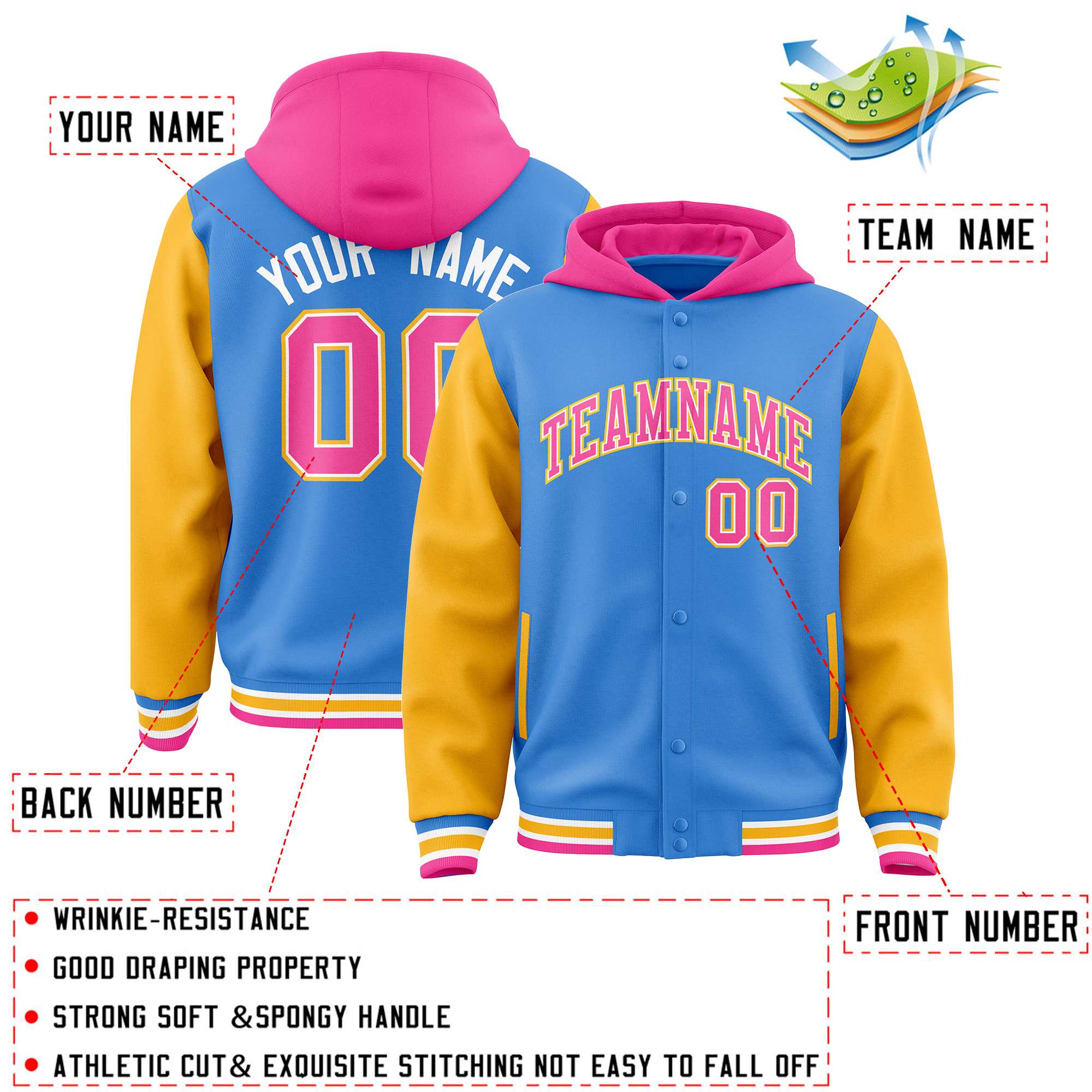 Custom Powder Blue Gold-Pink Raglan Sleeves Varsity Full-Snap Letterman Two Tone Hoodie Jacket