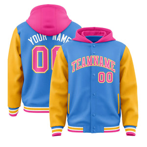 Custom Powder Blue Gold-Pink Raglan Sleeves Varsity Full-Snap Letterman Two Tone Hoodie Jacket