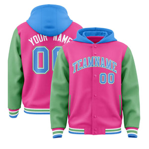 Custom Pink Green-Powder Blue Raglan Sleeves Varsity Full-Snap Letterman Two Tone Hoodie Jacket