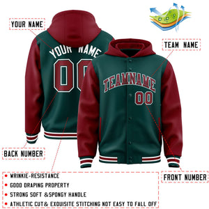 Custom Midnight Green Crimson Raglan Sleeves Varsity Full-Snap Letterman Two Tone Hoodie Jacket