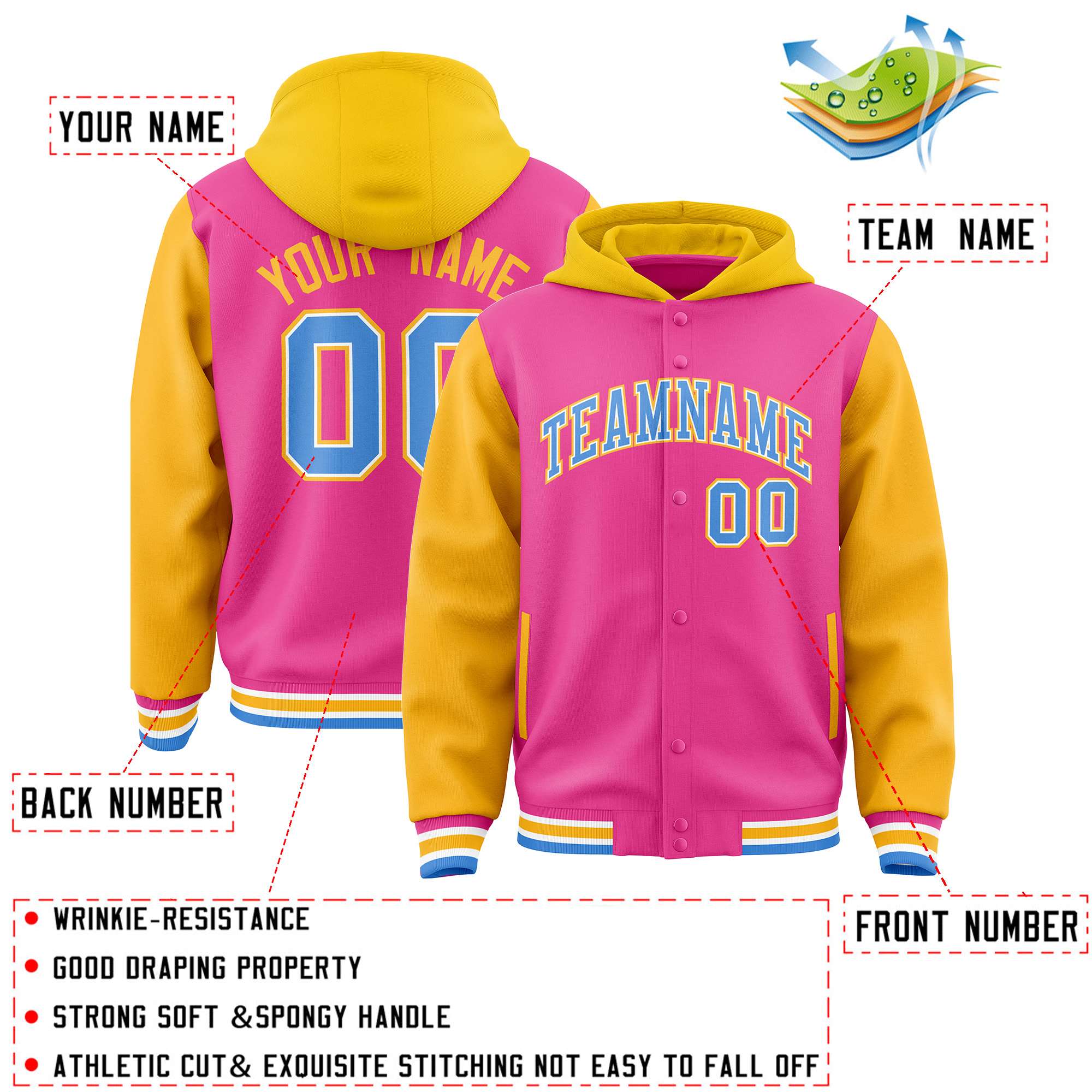 Custom Pink Gold Raglan Sleeves Varsity Full-Snap Letterman Two Tone Hoodie Jacket