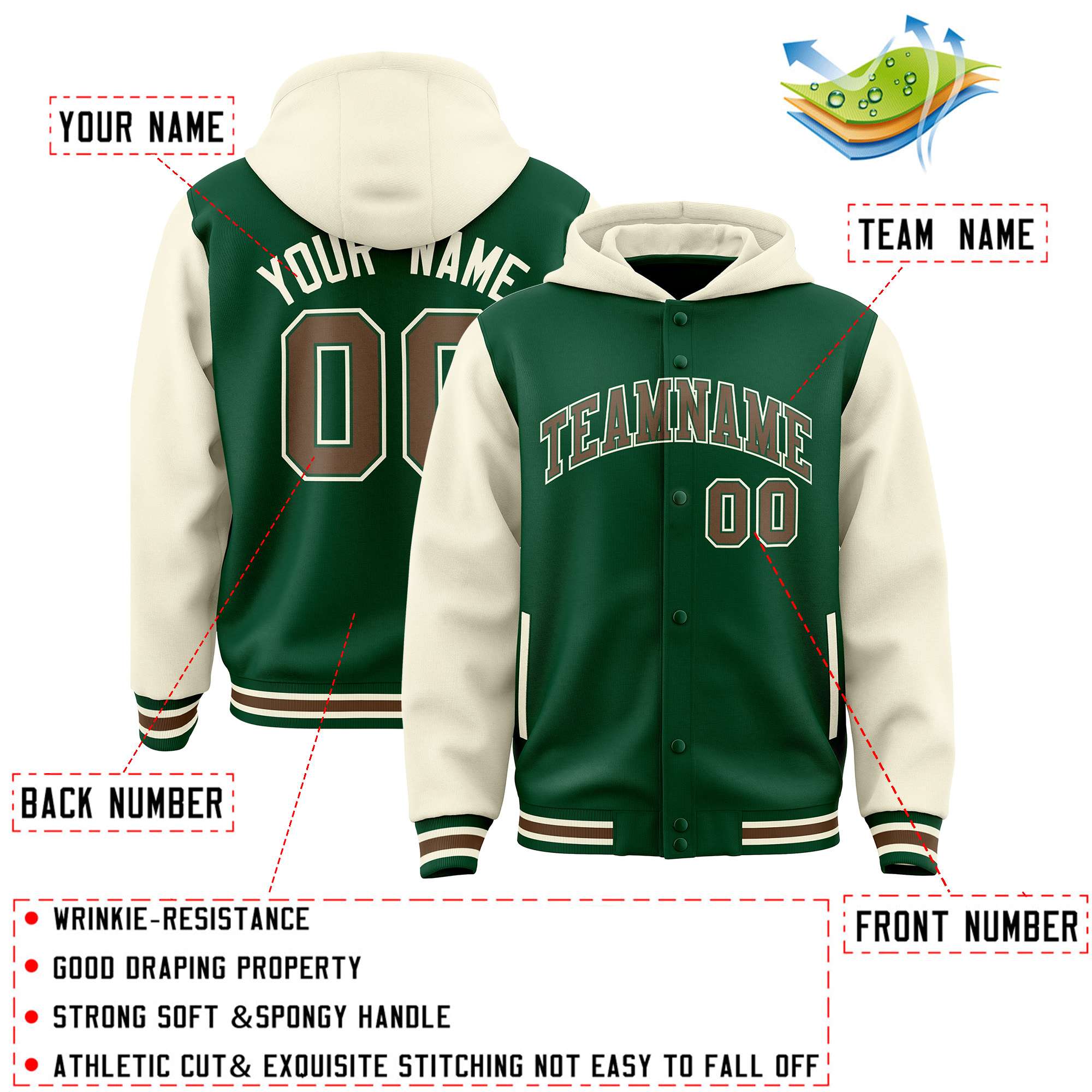 Custom Green Cream Raglan Sleeves Varsity Full-Snap Letterman Two Tone Hoodie Jacket