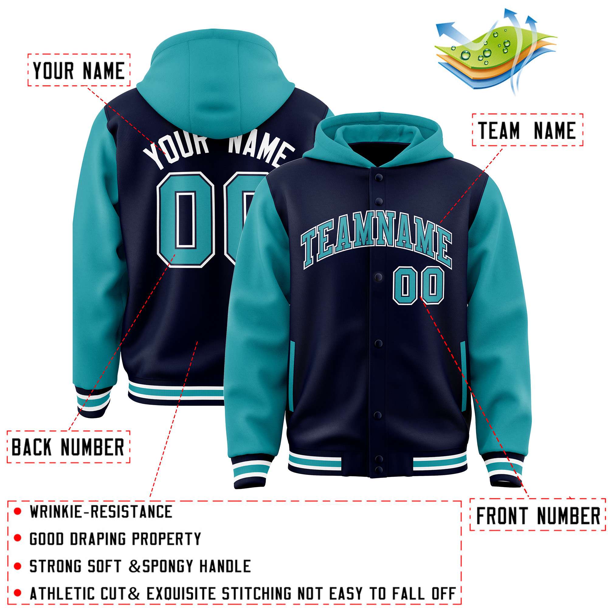 Custom Navy Aqua Raglan Sleeves Varsity Full-Snap Letterman Two Tone Hoodie Jacket