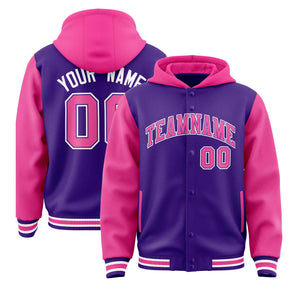 Custom Purple Pink Raglan Sleeves Varsity Full-Snap Letterman Two Tone Hoodie Jacket