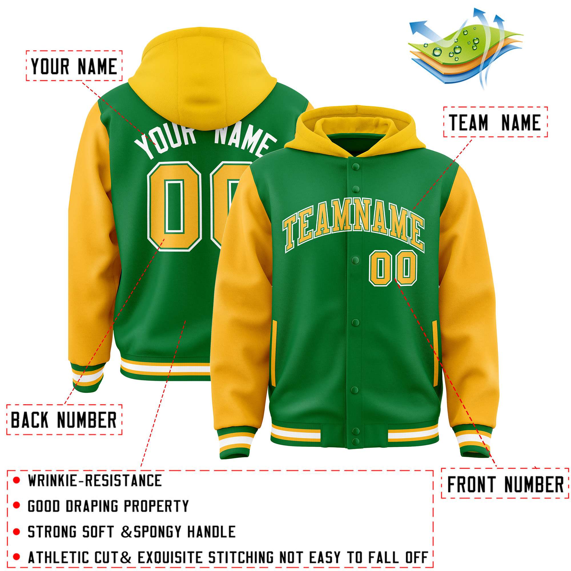 Custom Kelly Green Gold Raglan Sleeves Varsity Full-Snap Letterman Two Tone Hoodie Jacket