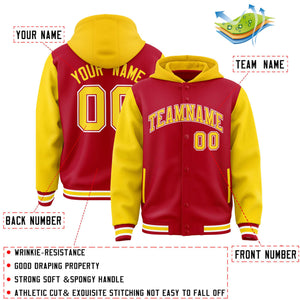 Custom Red Gold Raglan Sleeves Varsity Full-Snap Letterman Two Tone Hoodie Jacket