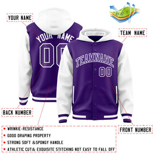 Custom Purple White Raglan Sleeves Varsity Full-Snap Letterman Two Tone Hoodie Jacket