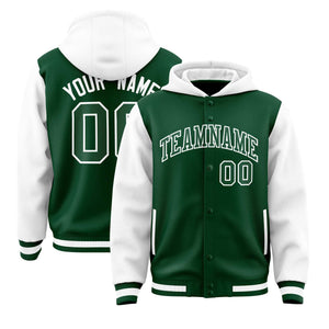 Custom Green White Raglan Sleeves Varsity Full-Snap Letterman Two Tone Hoodie Jacket