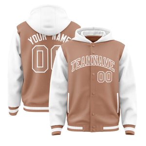 Custom Teabrown White Raglan Sleeves Varsity Full-Snap Letterman Two Tone Hoodie Jacket