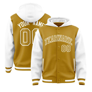 Custom Old Gold White Raglan Sleeves Varsity Full-Snap Letterman Two Tone Hoodie Jacket