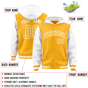 Custom Gold White Raglan Sleeves Varsity Full-Snap Letterman Two Tone Hoodie Jacket