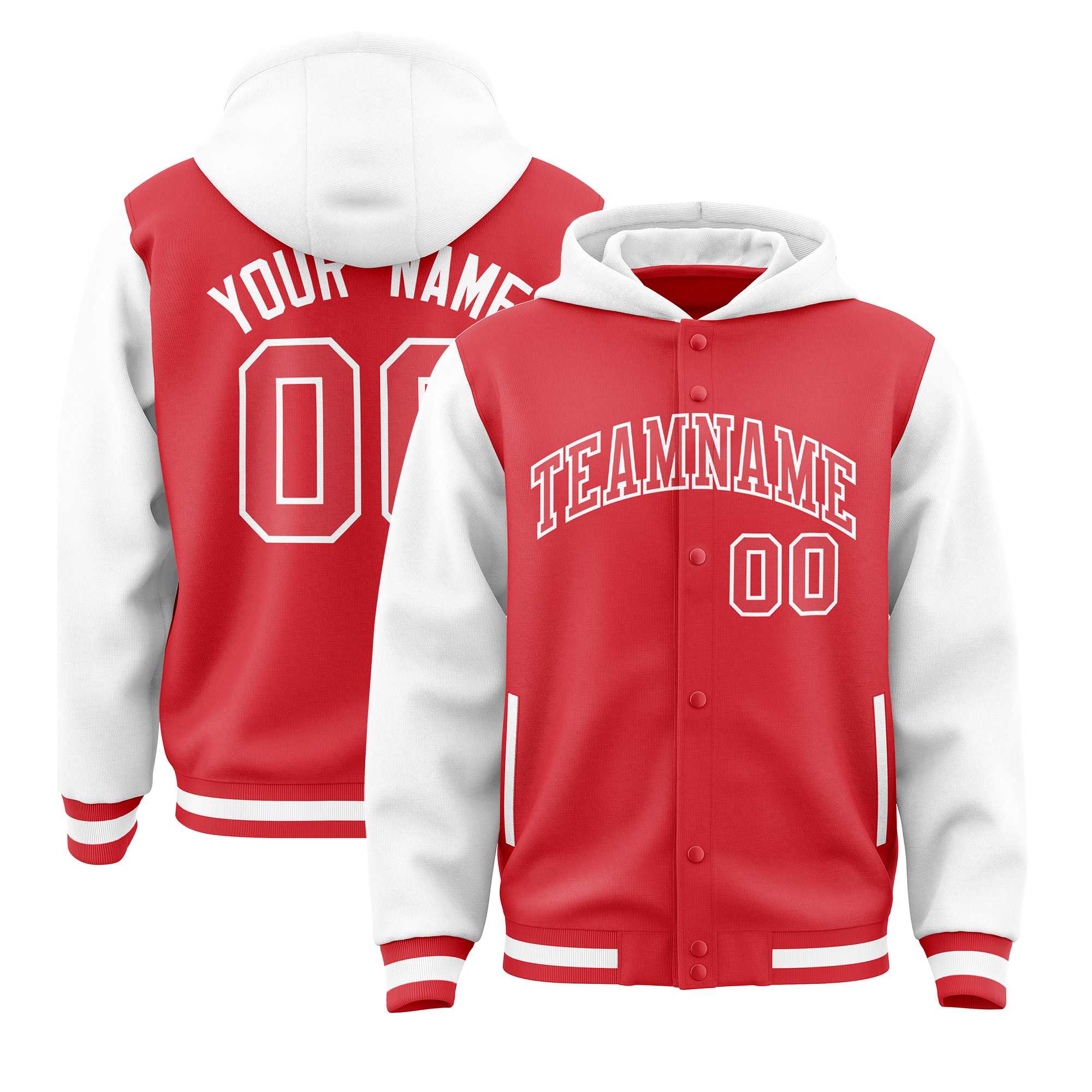 Custom Light Red White Raglan Sleeves Varsity Full-Snap Letterman Two Tone Hoodie Jacket