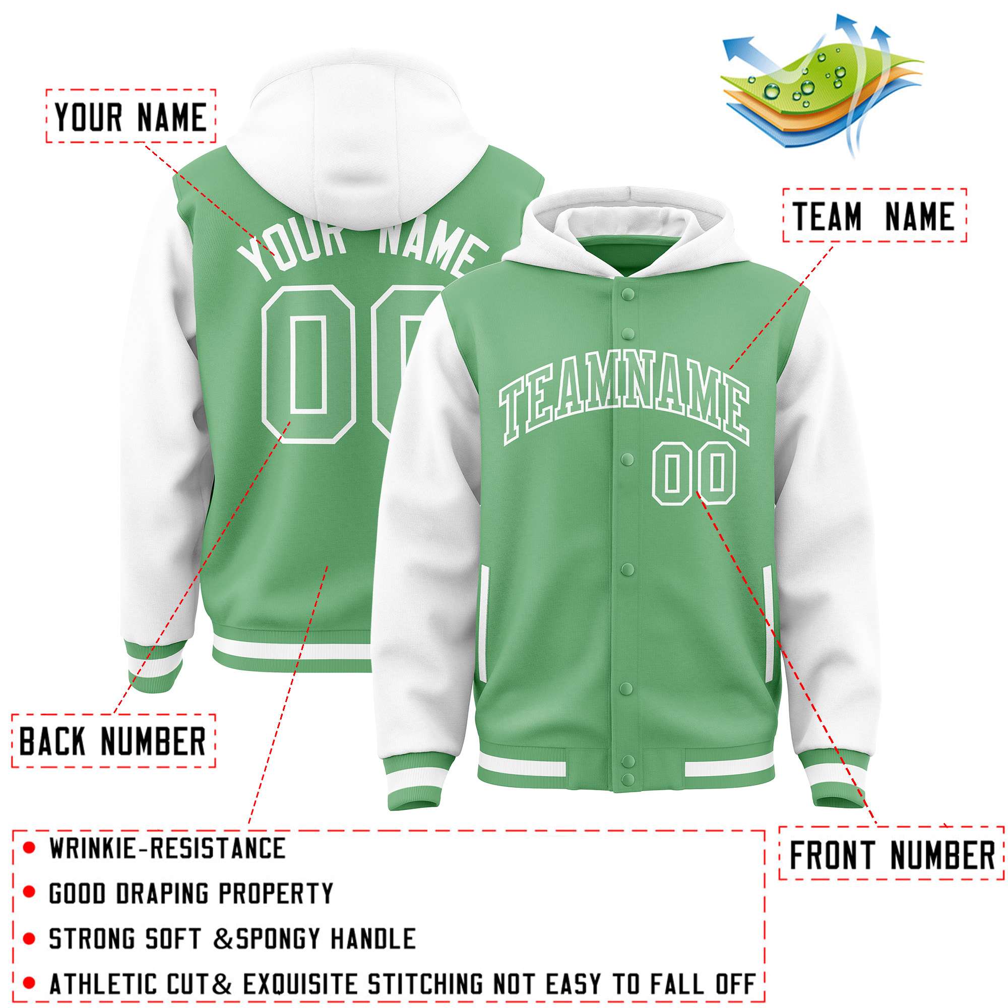 Custom Green White Raglan Sleeves Varsity Full-Snap Letterman Two Tone Hoodie Jacket