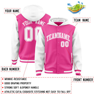 Custom Pink White Raglan Sleeves Varsity Full-Snap Letterman Two Tone Hoodie Jacket