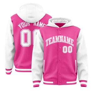 Custom Pink White Raglan Sleeves Varsity Full-Snap Letterman Two Tone Hoodie Jacket