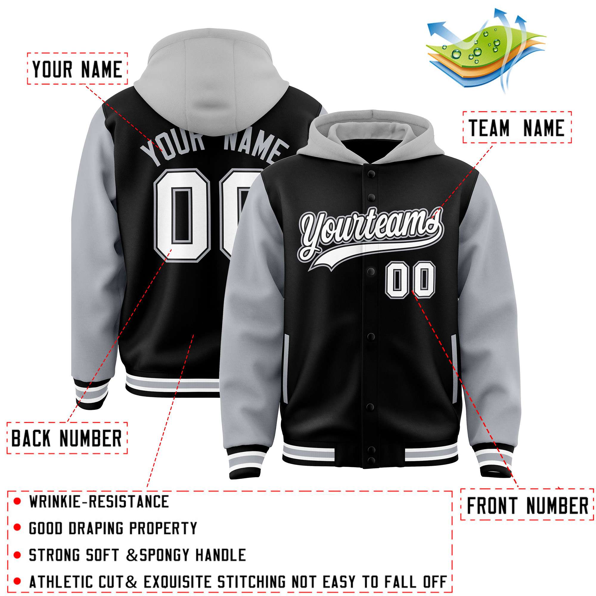 Custom Black Gray Raglan Sleeves Varsity Full-Snap Letterman Two Tone Hoodie Jacket