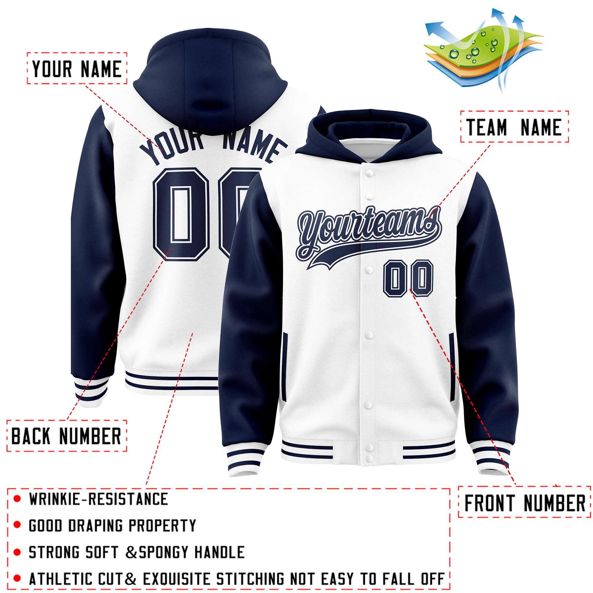 Custom White Navy Raglan Sleeves Varsity Full-Snap Letterman Two Tone Hoodie Jacket