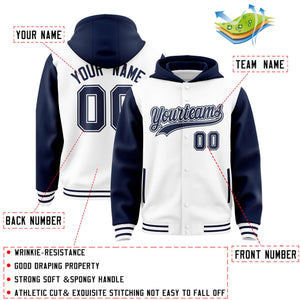 Custom White Navy Raglan Sleeves Varsity Full-Snap Letterman Two Tone Hoodie Jacket