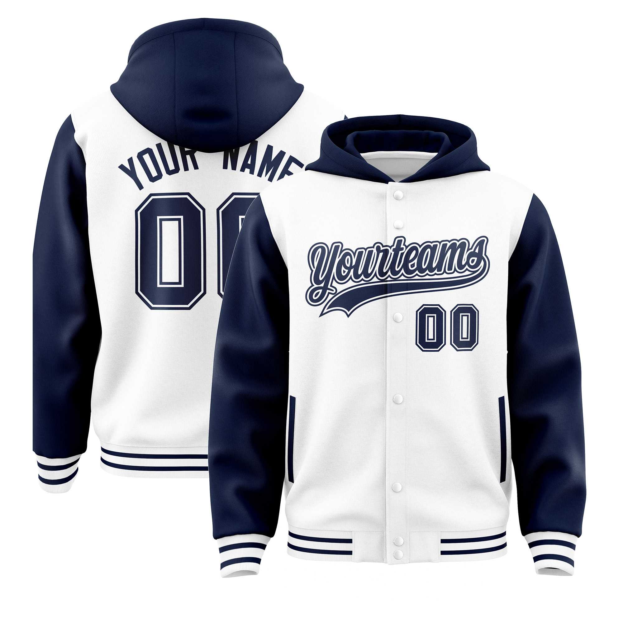 Custom White Navy Raglan Sleeves Varsity Full-Snap Letterman Two Tone Hoodie Jacket