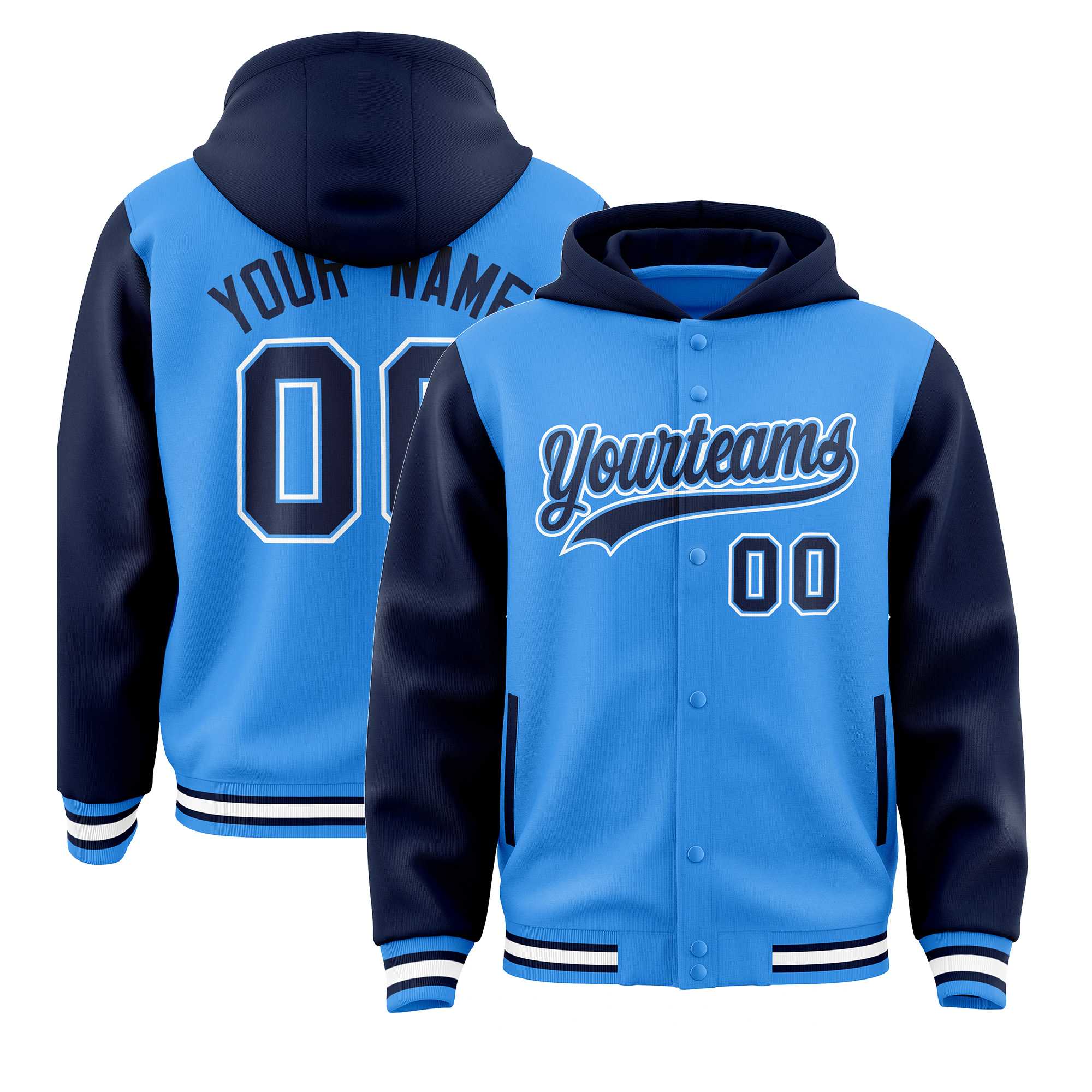 Custom Powder Blue Navy Raglan Sleeves Varsity Full-Snap Letterman Two Tone Hoodie Jacket