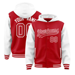 Custom Red White Raglan Sleeves Varsity Full-Snap Letterman Two Tone Hoodie Jacket