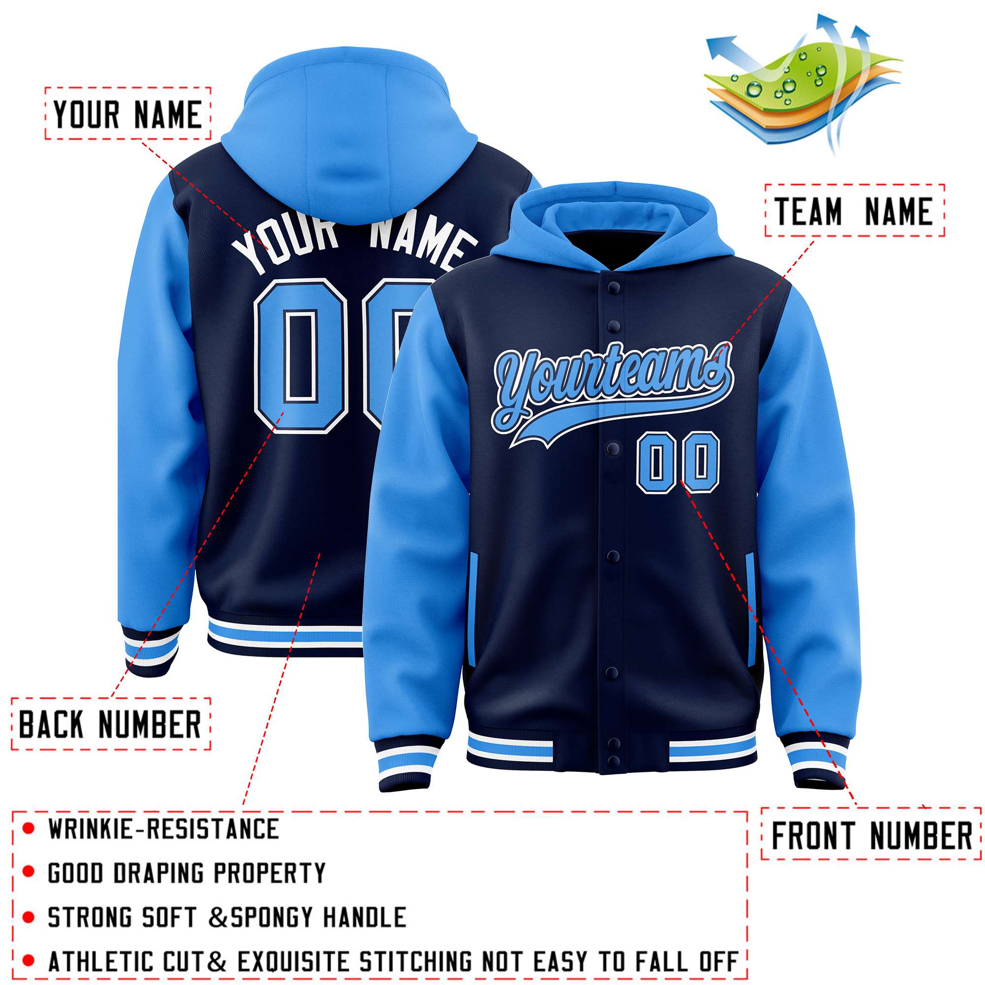 Custom Navy Powder Blue Raglan Sleeves Varsity Full-Snap Letterman Two Tone Hoodie Jacket