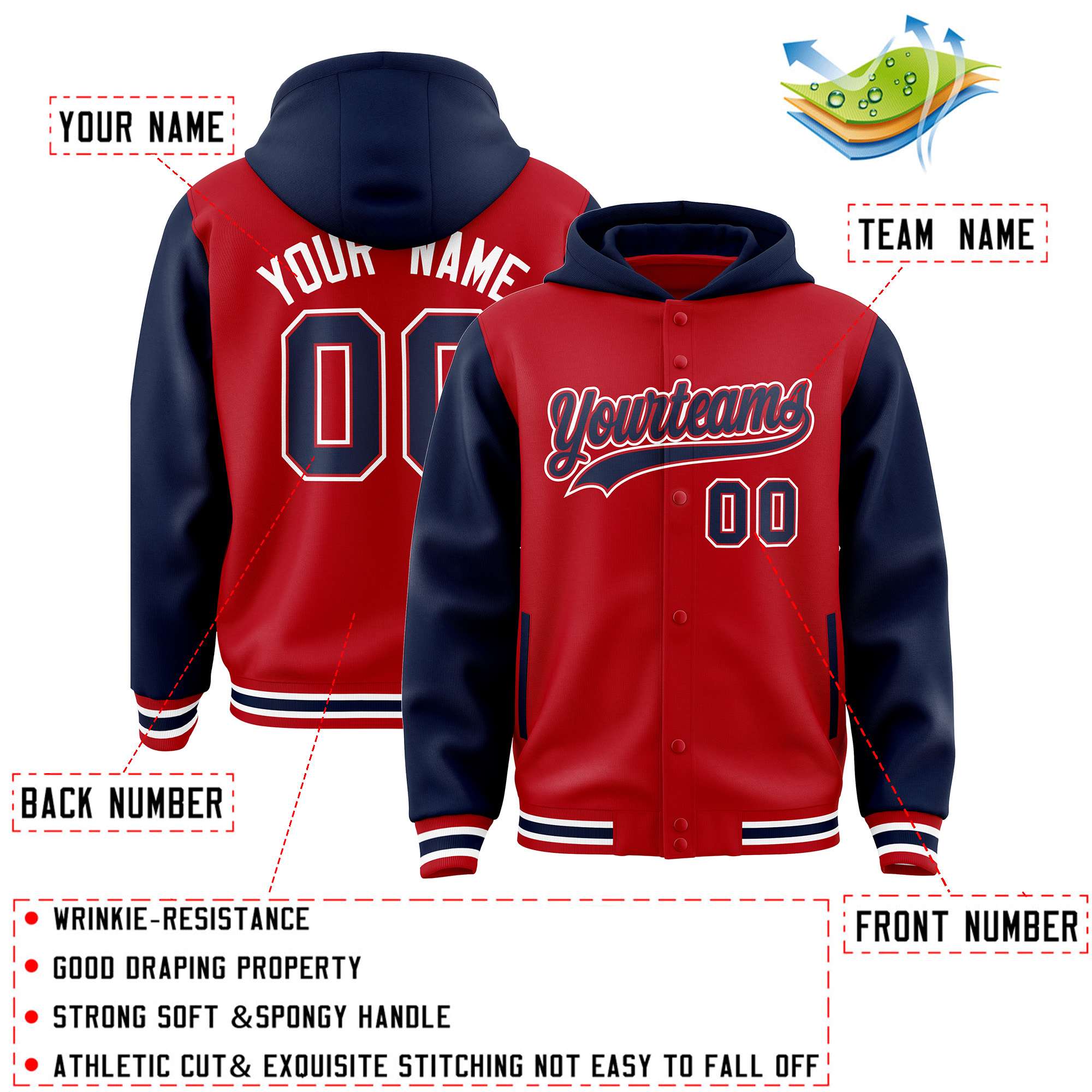 Custom Red Navy Raglan Sleeves Varsity Full-Snap Letterman Two Tone Hoodie Jacket