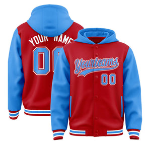 Custom Red Powder Blue Raglan Sleeves Varsity Full-Snap Letterman Two Tone Hoodie Jacket