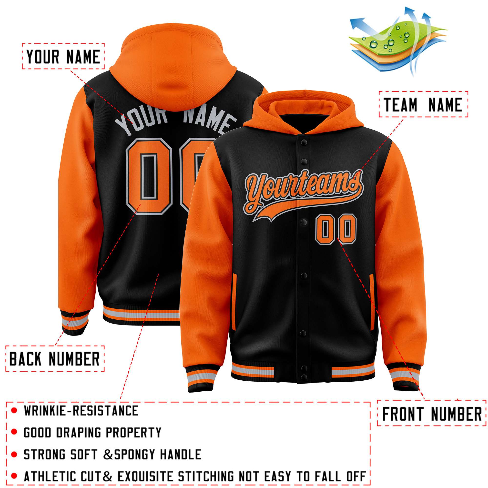 Custom Black Orange Raglan Sleeves Varsity Full-Snap Letterman Two Tone Hoodie Jacket