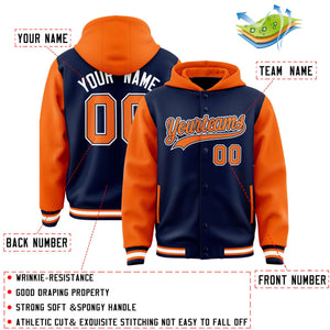 Custom Navy Orange Raglan Sleeves Varsity Full-Snap Letterman Two Tone Hoodie Jacket